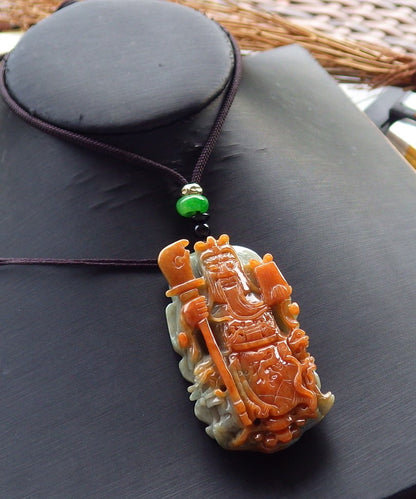 Certified Hand Carved Green Red 100% Natural Myanmar Burma A Jade jadeite Fight God Guan Gong God Guangyu Broadword Pendant Necklace