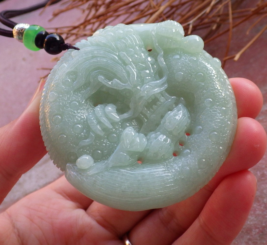 Certified Hand Carved Green Natural Burma A Jade jadeite Pendant Dragon Peanut Circle Pendant Necklace