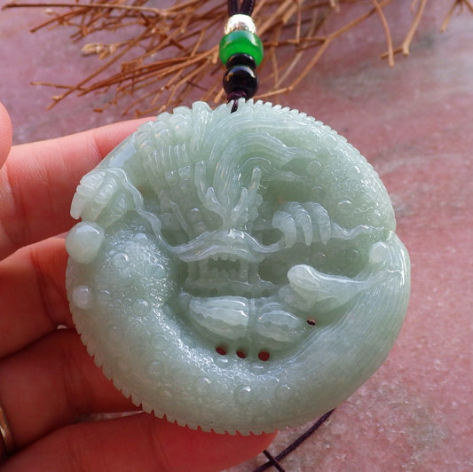 Certified Hand Carved Green Natural Myanmar Burma A Jade jadeite Pendant Dragon Peanut Circle Pendant Necklace