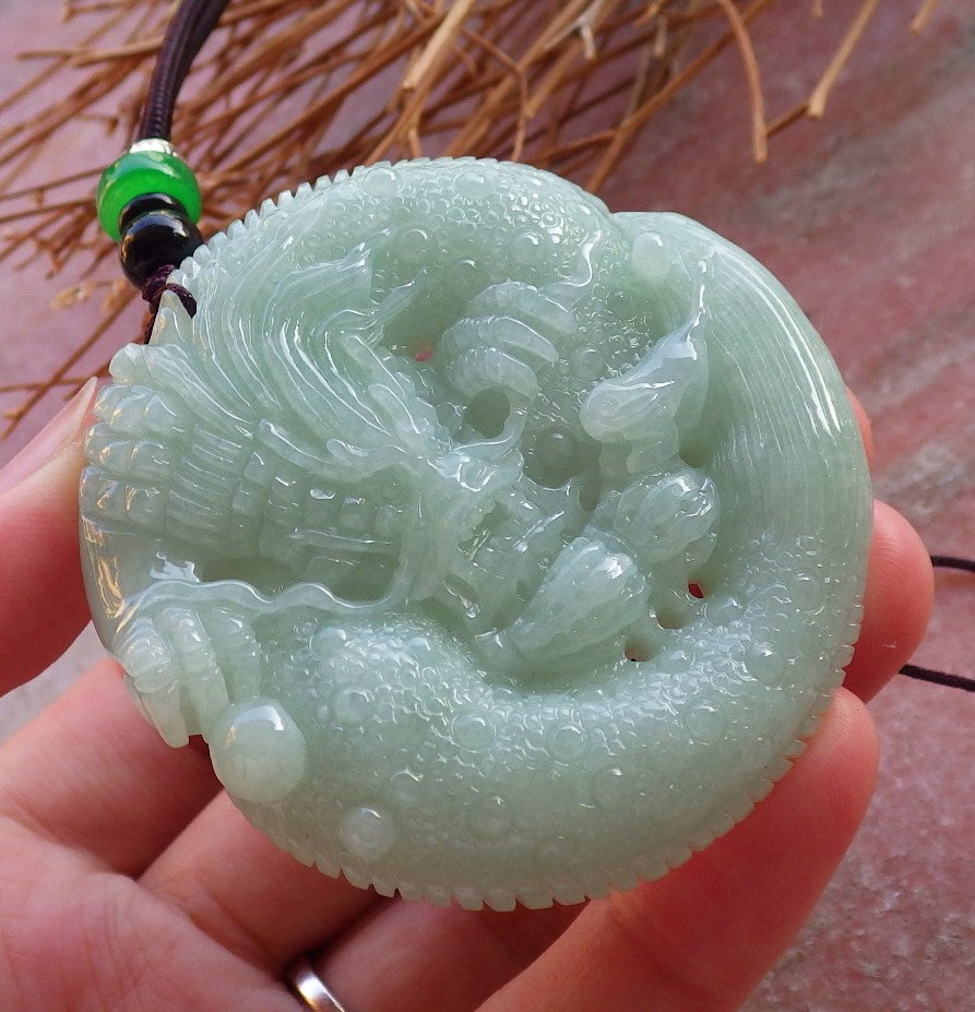 Certified Hand Carved Green Natural Myanmar Burma A Jade jadeite Pendant Dragon Peanut Circle Pendant Necklace