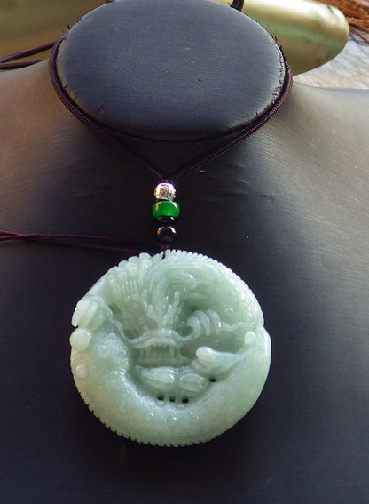 Certified Hand Carved Green Natural Myanmar Burma A Jade jadeite Pendant Dragon Peanut Circle Pendant Necklace