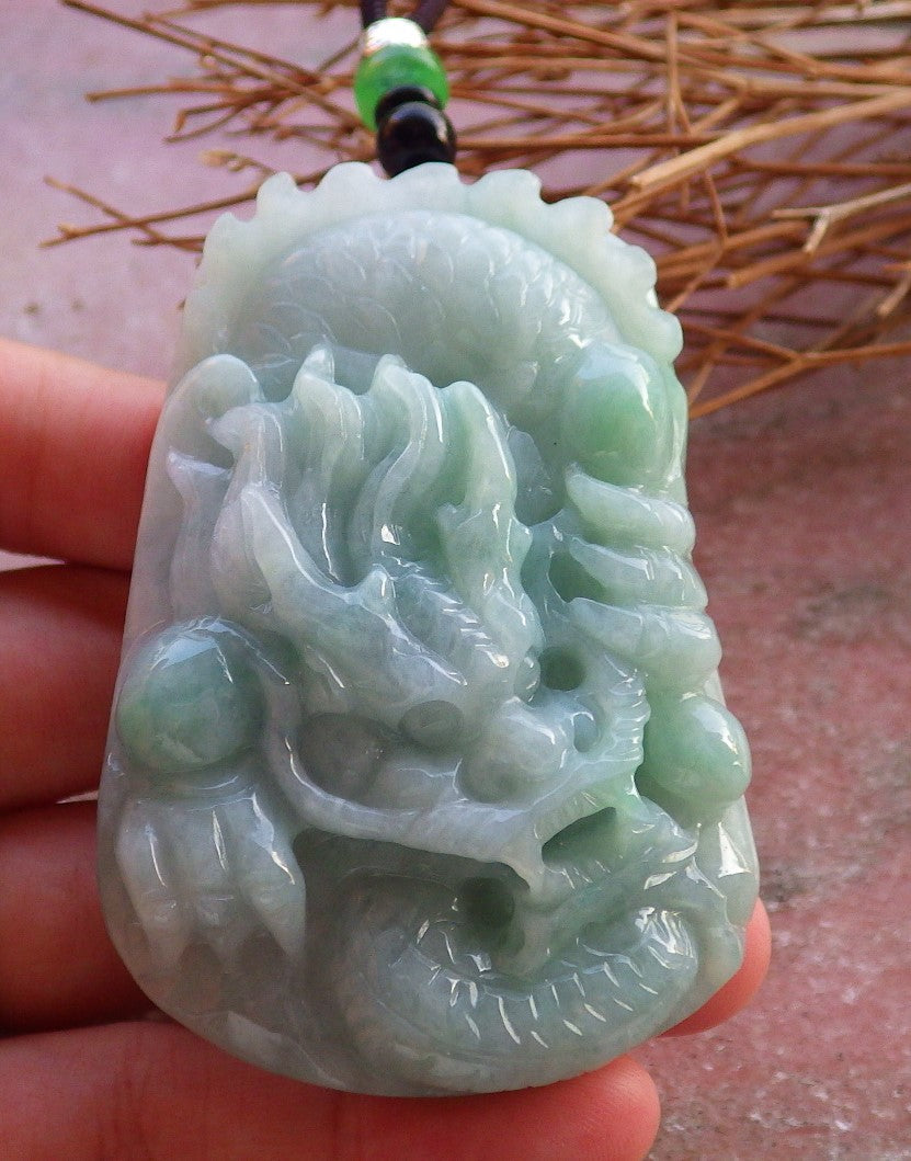 Certified Hand Carved Green Natural Myanmar Burma Grade A Jade jadeite Dragon Pendant Necklace