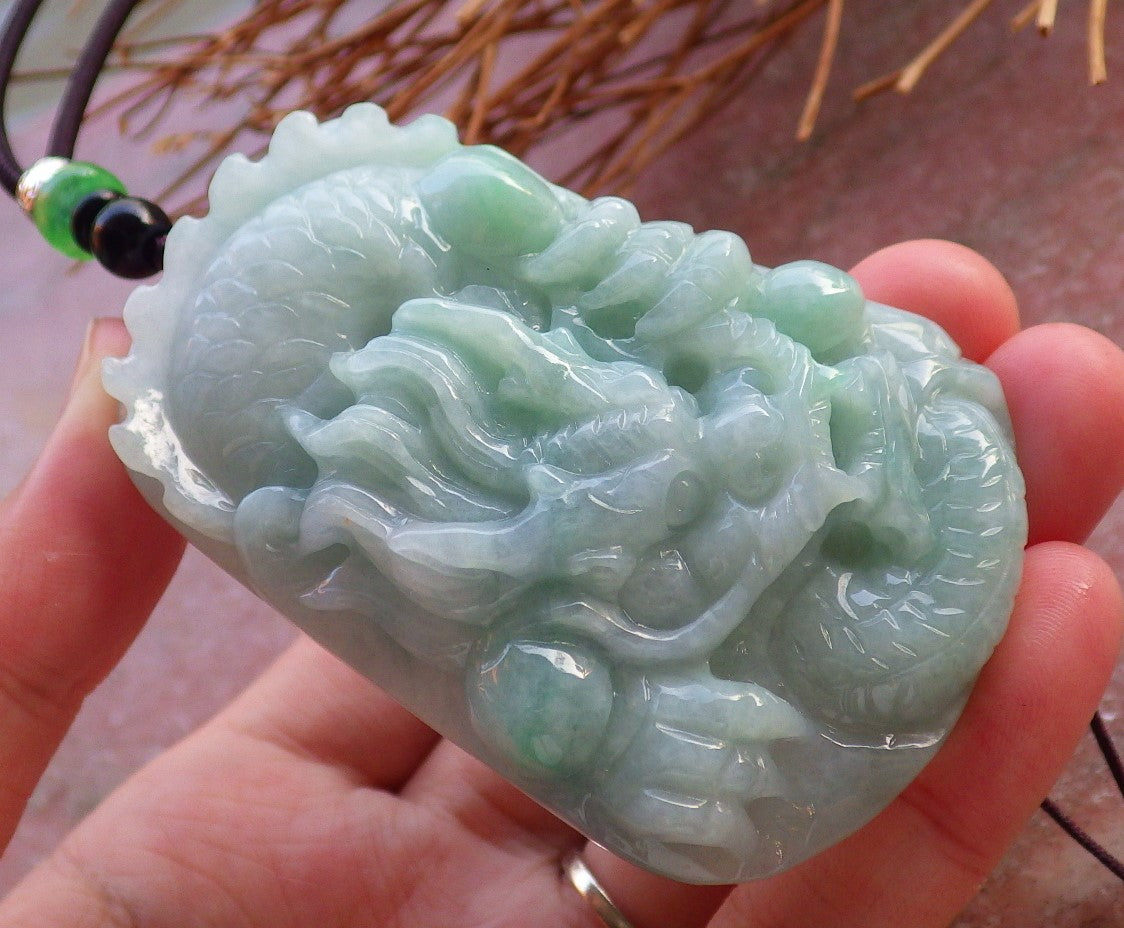 Certified Hand Carved Green Natural Myanmar Burma Grade A Jade jadeite Dragon Pendant Necklace