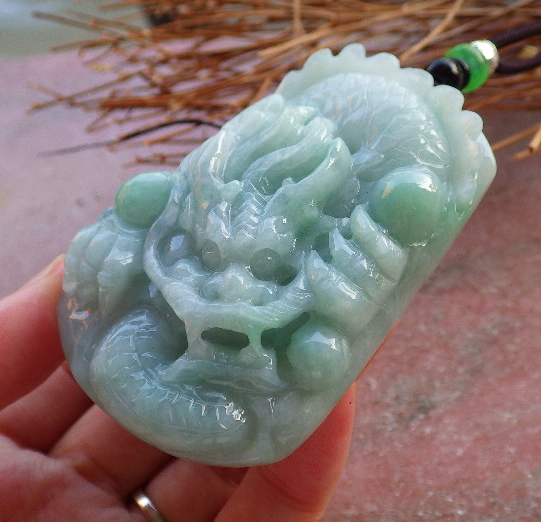 Certified Hand Carved Green Natural Myanmar Burma Grade A Jade jadeite Dragon Pendant Necklace