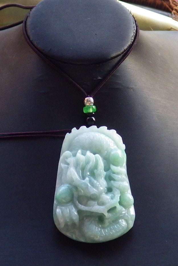 Certified Hand Carved Green Natural Myanmar Burma Grade A Jade jadeite Dragon Pendant Necklace