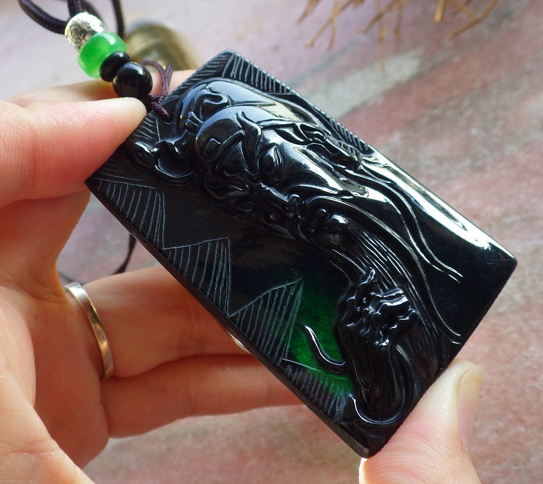 Certified Hand Carved Black Dark Green Natural Myanmar Burma A Jade jadeite Fight God Guan Gong God Guangyu Broadword Pendant Necklace