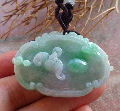 Certified Hand Carved Green Natural Myanmar Burma A Jade Jadeite Flower Bat Lotus Ruyi Pendant Necklace