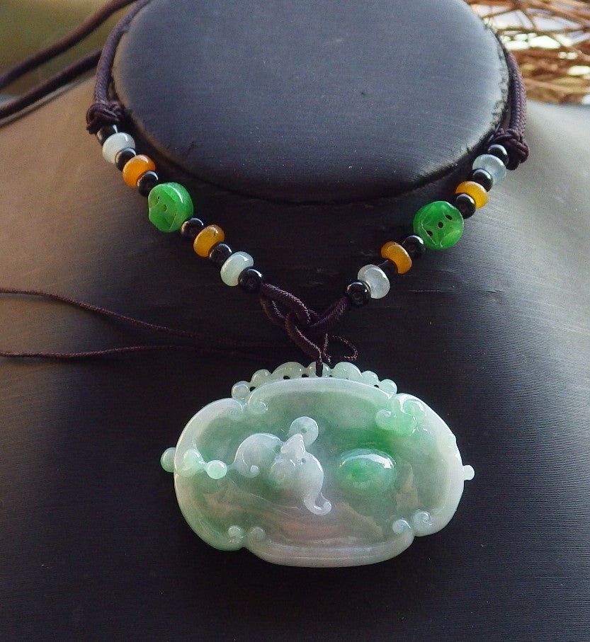 Certified Hand Carved Green Natural Myanmar Burma A Jade Jadeite Flower Bat Lotus Ruyi Pendant Necklace