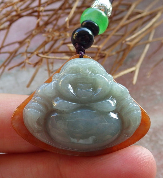 Certified Hand Carved Green Yellow Natural Myanmar Burma A Jade Jadeite Happy Buddha God Lucky Amulet Pendant Necklace