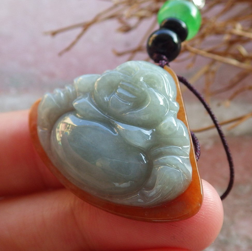 Certified Hand Carved Green Yellow Natural Myanmar Burma A Jade Jadeite Happy Buddha God Lucky Amulet Pendant Necklace