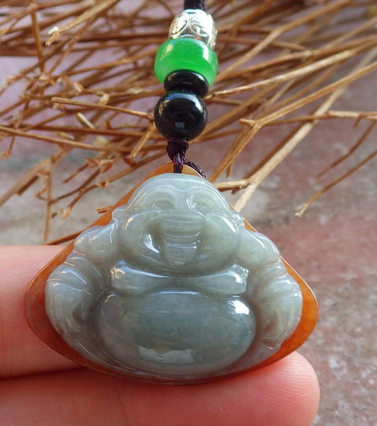 Certified Hand Carved Green Yellow Natural Myanmar Burma A Jade Jadeite Happy Buddha God Lucky Amulet Pendant Necklace