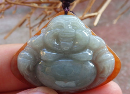 Certified Hand Carved Green Yellow Natural Myanmar Burma A Jade Jadeite Happy Buddha God Lucky Amulet Pendant Necklace