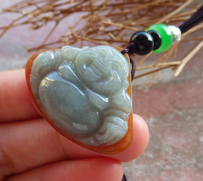 Certified Hand Carved Green Yellow Natural Myanmar Burma A Jade Jadeite Happy Buddha God Lucky Amulet Pendant Necklace