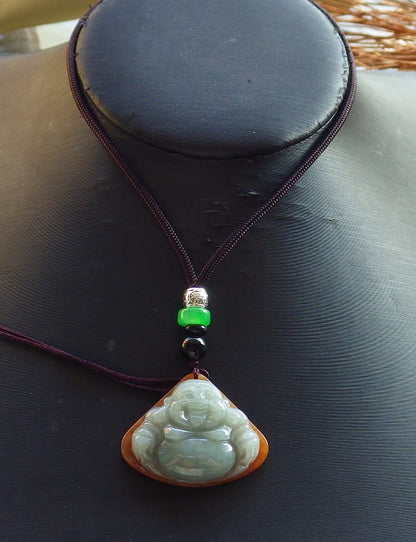 Certified Hand Carved Green Yellow Natural Myanmar Burma A Jade Jadeite Happy Buddha God Lucky Amulet Pendant Necklace