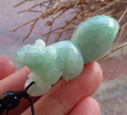 Certified Hand Carved Green Natural Myanmar Burma A Jade Jadeite Squirrel Coin Pendant Necklace