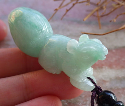 Certified Hand Carved Green Natural Myanmar Burma A Jade Jadeite Squirrel Coin Pendant Necklace