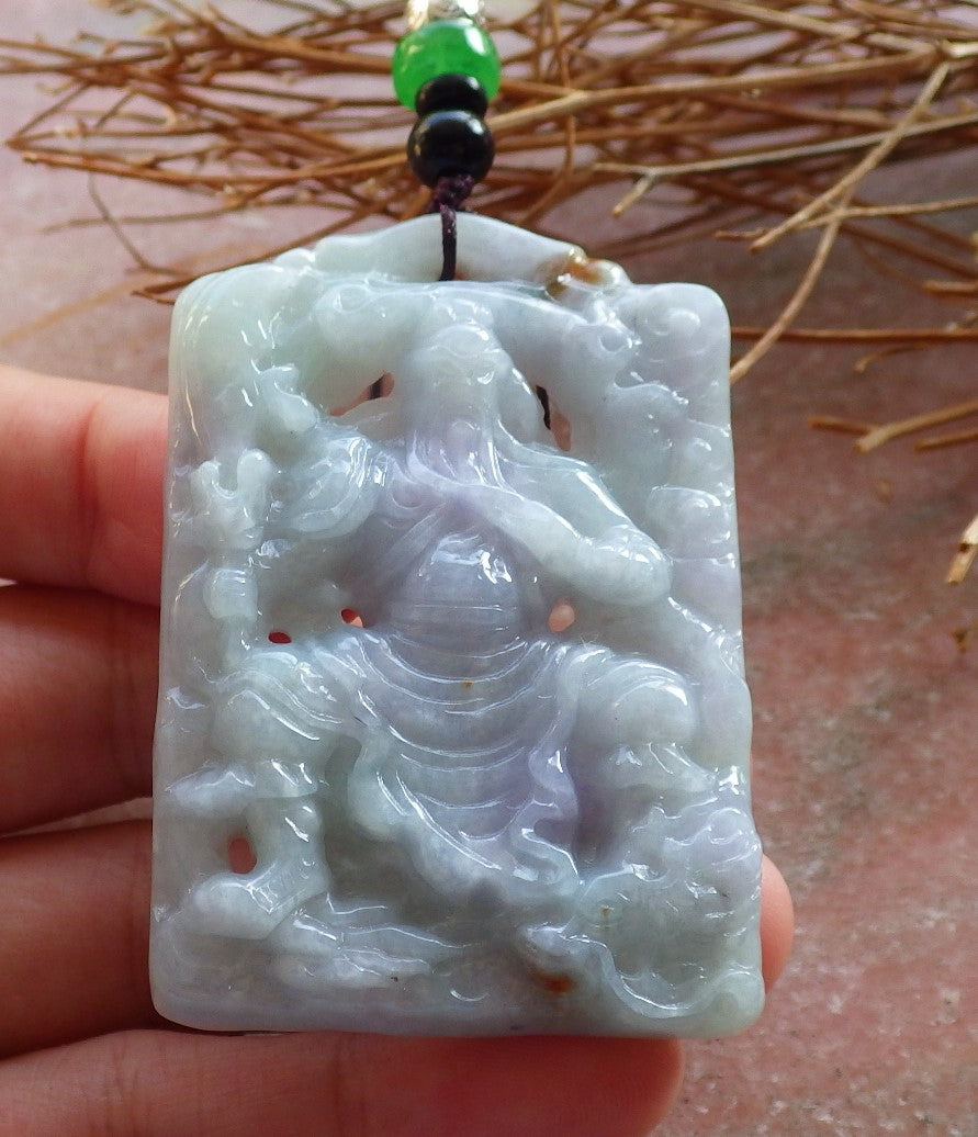 Certified Hand Carved Lavender Green Natural Myanmar Burma A Jade jadeite Guan Gong God Dragon Pendant Necklace