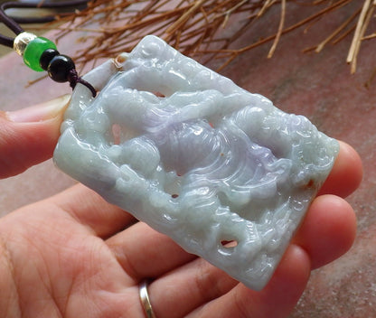 Certified Hand Carved Lavender Green Natural Myanmar Burma A Jade jadeite Guan Gong God Dragon Pendant Necklace