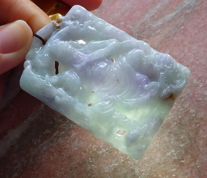 Certified Hand Carved Lavender Green Natural Myanmar Burma A Jade jadeite Guan Gong God Dragon Pendant Necklace