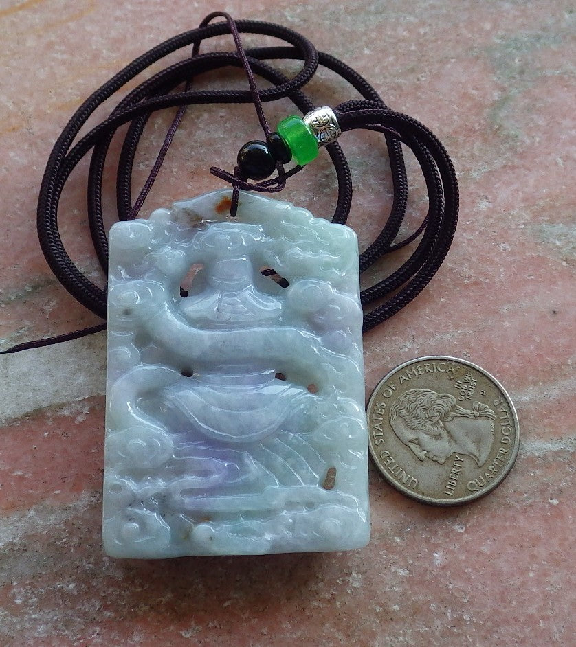 Certified Hand Carved Lavender Green Natural Myanmar Burma A Jade jadeite Guan Gong God Dragon Pendant Necklace