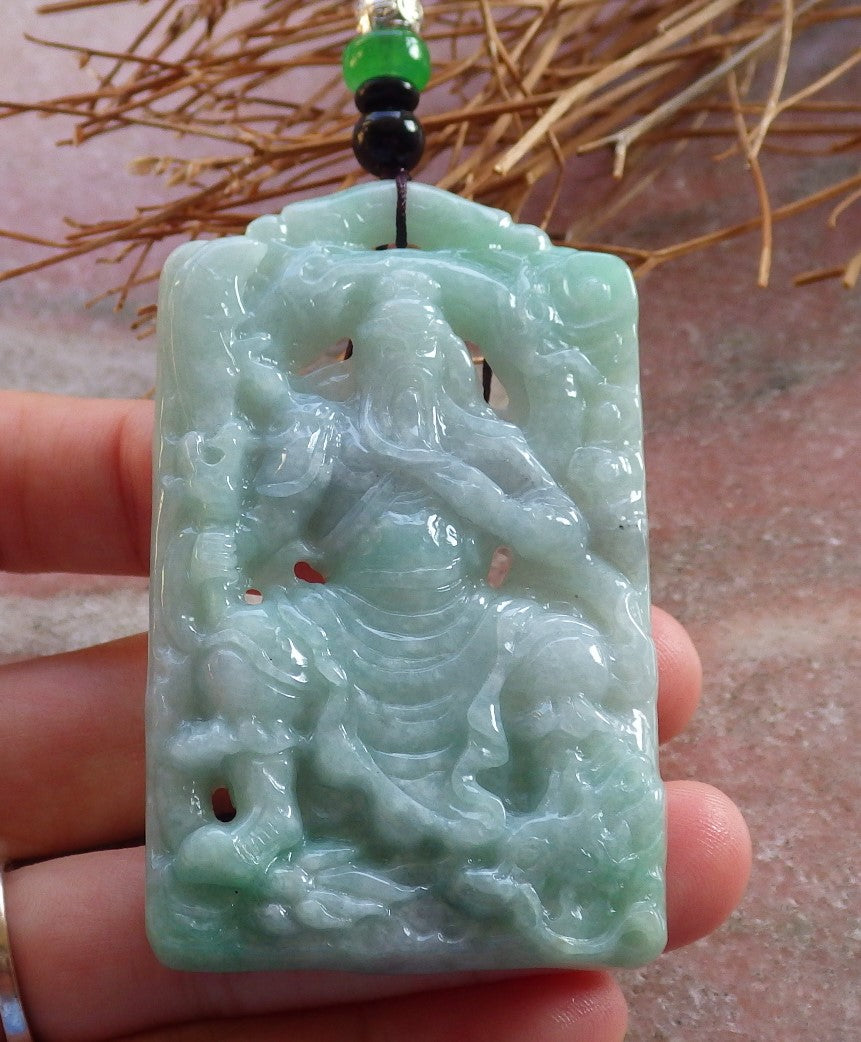 Certified Hand Carved Green Natural Myanmar Burma A Jade jadeite Guan Gong God Dragon Pendant Necklace