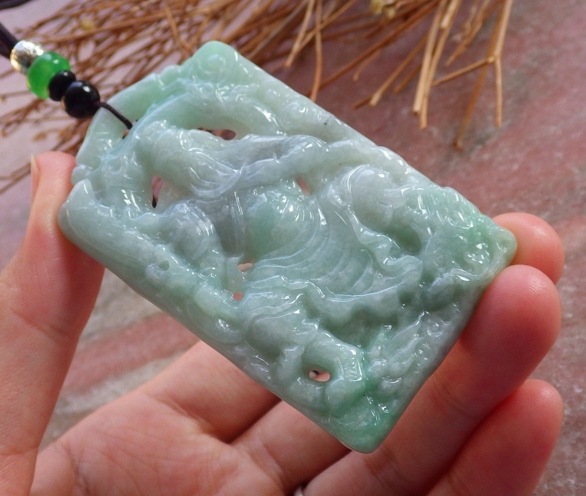 Certified Hand Carved Green Natural Myanmar Burma A Jade jadeite Guan Gong God Dragon Pendant Necklace