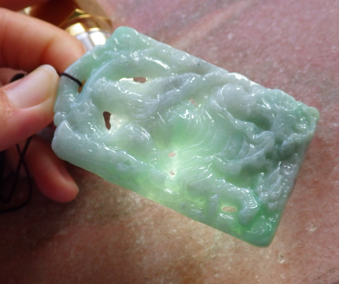 Certified Hand Carved Green Natural Myanmar Burma A Jade jadeite Guan Gong God Dragon Pendant Necklace