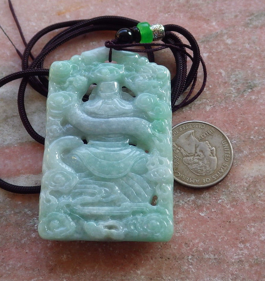 Certified Hand Carved Green Natural Myanmar Burma A Jade jadeite Guan Gong God Dragon Pendant Necklace