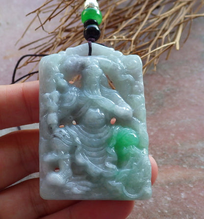 Certified Hand Carved Green Natural Myanmar Burma A Jade jadeite Guan Gong God Dragon Pendant Necklace