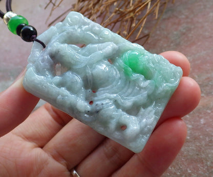 Certified Hand Carved Green Natural Myanmar Burma A Jade jadeite Guan Gong God Dragon Pendant Necklace