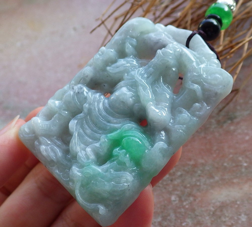 Certified Hand Carved Green Natural Myanmar Burma A Jade jadeite Guan Gong God Dragon Pendant Necklace