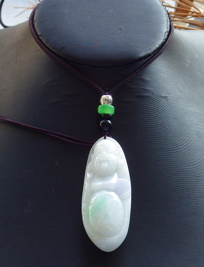 Certified Hand Carved Green Natural Myanmar Burma A Jade jadeite Happy Buddha God Pendant Necklace