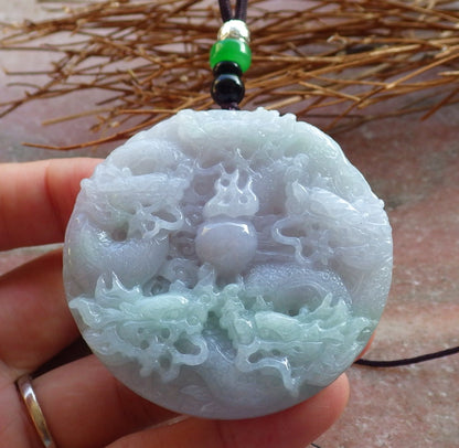 Certified Hand Carved Pale Lavender Green 100% Myanmar Burma Natural A Jade jadeite 9 Dragon Spit Bead Circle Pendant Necklace