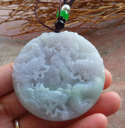 Certified Hand Carved Pale Lavender Green 100% Myanmar Burma Natural A Jade jadeite 9 Dragon Spit Bead Circle Pendant Necklace