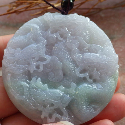 Certified Hand Carved Pale Lavender Green 100% Myanmar Burma Natural A Jade jadeite 9 Dragon Spit Bead Circle Pendant Necklace