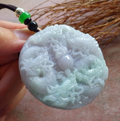 Certified Hand Carved Pale Lavender Green 100% Myanmar Burma Natural A Jade jadeite 9 Dragon Spit Bead Circle Pendant Necklace