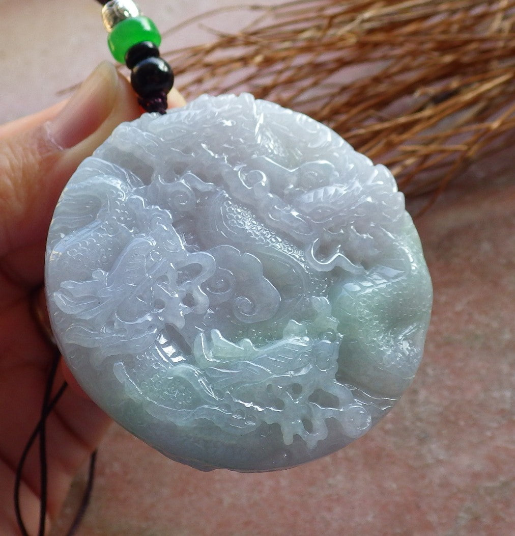 Certified Hand Carved Pale Lavender Green 100% Myanmar Burma Natural A Jade jadeite 9 Dragon Spit Bead Circle Pendant Necklace