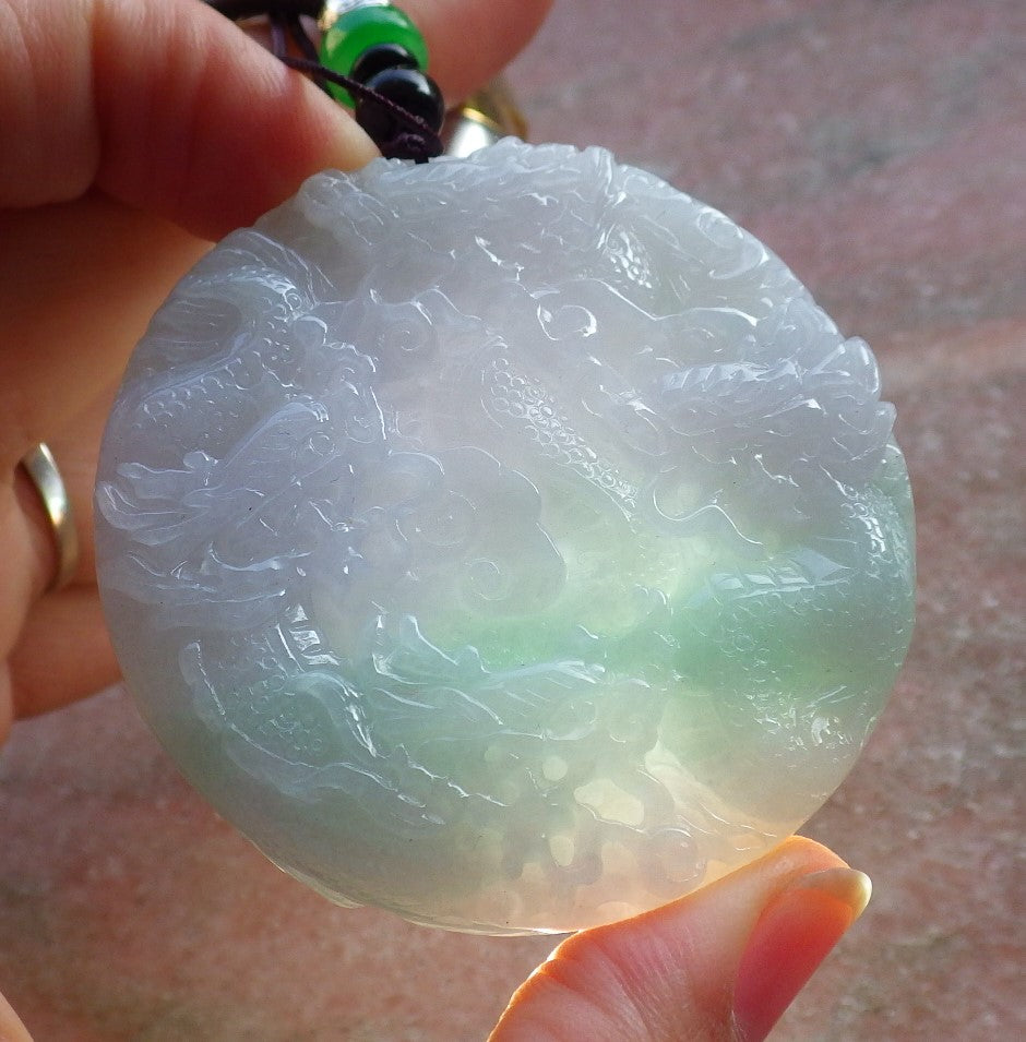 Certified Hand Carved Pale Lavender Green 100% Myanmar Burma Natural A Jade jadeite 9 Dragon Spit Bead Circle Pendant Necklace