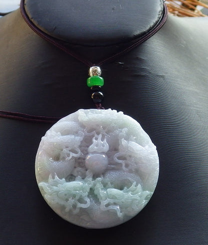 Certified Hand Carved Pale Lavender Green 100% Myanmar Burma Natural A Jade jadeite 9 Dragon Spit Bead Circle Pendant Necklace