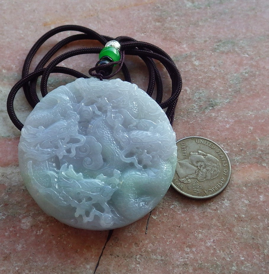 Certified Hand Carved Pale Lavender Green 100% Myanmar Burma Natural A Jade jadeite 9 Dragon Spit Bead Circle Pendant Necklace