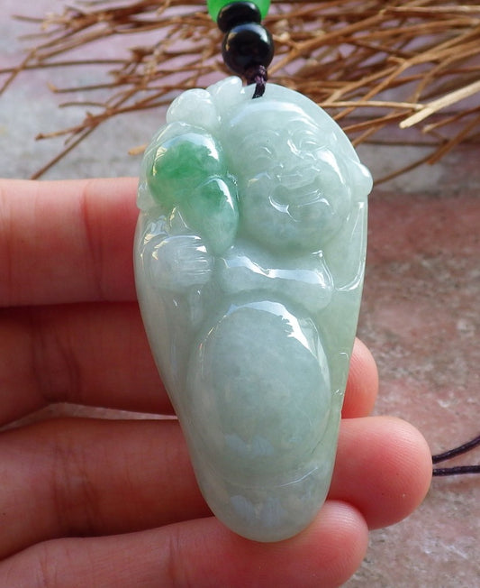 Certified Hand Carved Green Natural Myanmar Burma A Jade jadeite Happy Buddha God Bat Pendant Necklace