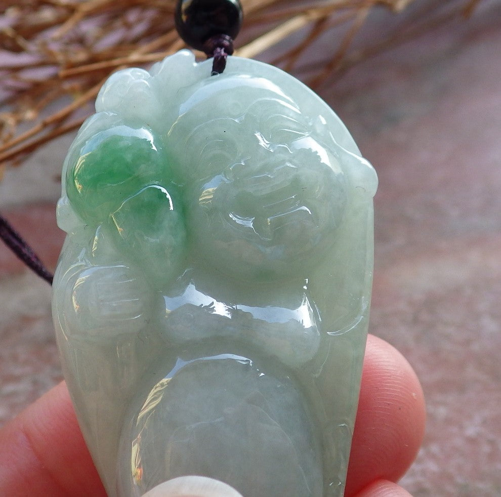 Certified Hand Carved Green Natural Myanmar Burma popular A Jade jadeite Happy Buddha God Bat Pendant Necklace