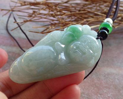 Certified Hand Carved Green Natural Myanmar Burma A Jade jadeite Happy Buddha God Bat Pendant Necklace