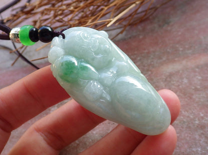 Certified Hand Carved Green Natural Myanmar Burma A Jade jadeite Happy Buddha God Bat Pendant Necklace