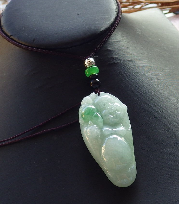 Certified Hand Carved Green Natural popular Myanmar Burma A Jade jadeite Happy Buddha God Bat Pendant Necklace