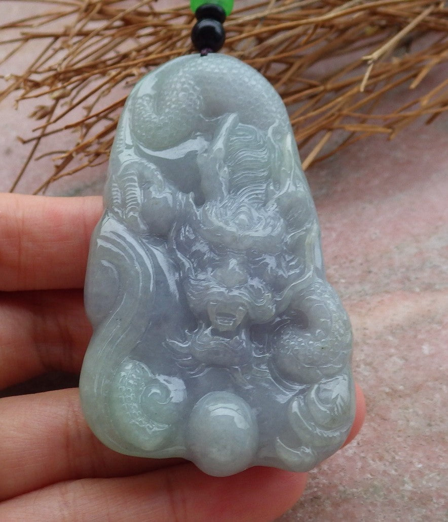 Certified Hand Carved Lavender Green Natural Myanmar Burma Grade A Jade jadeite Dragon Pendant Necklace