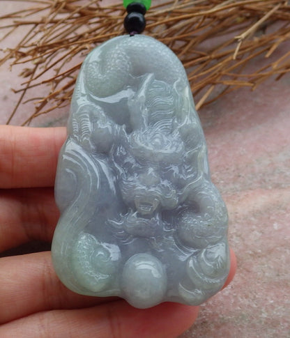 Certified Hand Carved Lavender Green Natural Myanmar Burma Grade A Jade jadeite Dragon Pendant Necklace