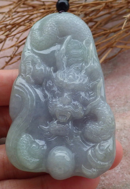 Certified Hand Carved Lavender Green Natural Myanmar Burma Grade A Jade jadeite Dragon Pendant Necklace