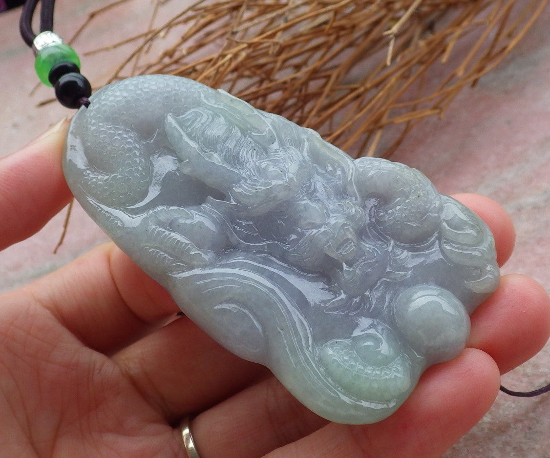 Certified Hand Carved Lavender Green Natural Myanmar Burma Grade A Jade jadeite Dragon Pendant Necklace