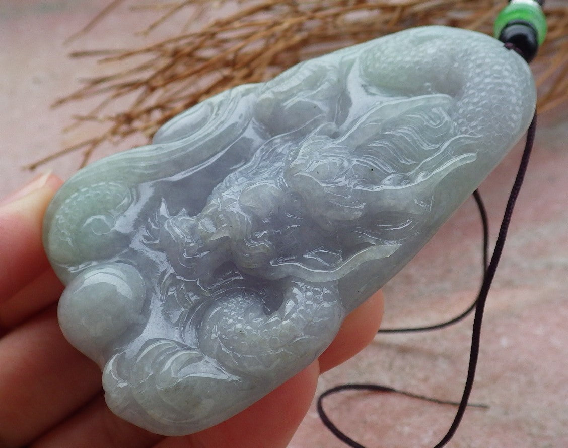 Certified Hand Carved Lavender Green Natural Myanmar Burma Grade A Jade jadeite Dragon Pendant Necklace